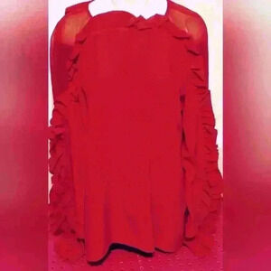 Chelsea and Walker Slimane 100% Silk Long Sleeve Ruffle Blouse Chinese Red